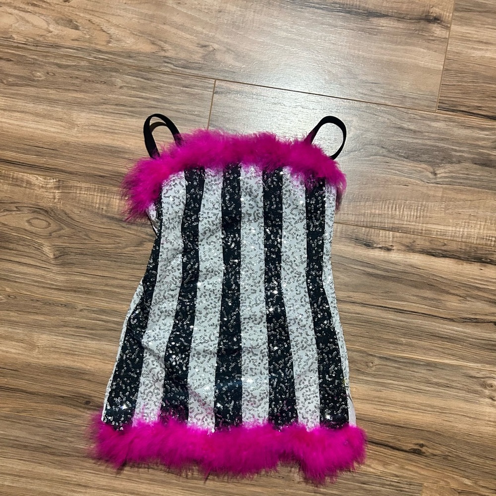Weissman Black and White Kids costume with Vibrant Pink fur Trim